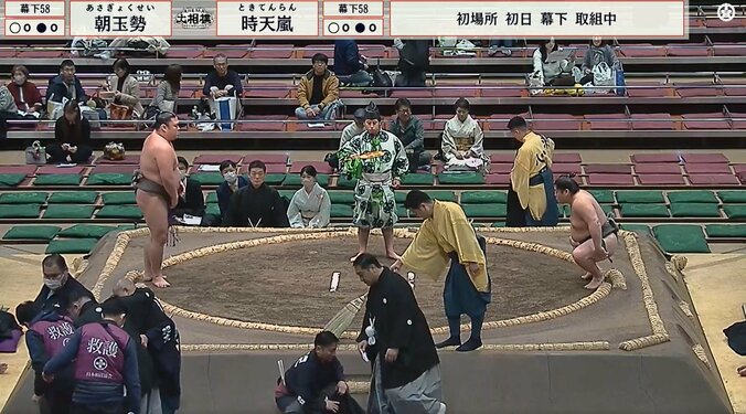 大鳴戸親方は一時退場、安治川親方が審判長の位置