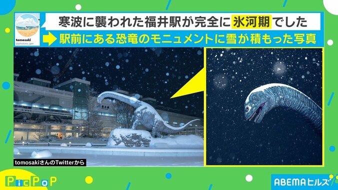 「寒波に襲われた福井駅が完全に氷河期」 “雪×恐竜”の幻想的な写真に反響 1枚目