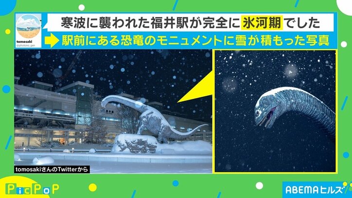 「寒波に襲われた福井駅が完全に氷河期」 “雪×恐竜”の幻想的な写真に反響