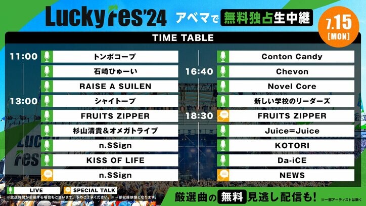 【写真・画像】野外音楽フェス『LuckyFes’24』がABEMAにて無料独占生中継！新しい学校のリーダーズ、ウルフルズ、FRUITS ZIPPERら出演　4枚目