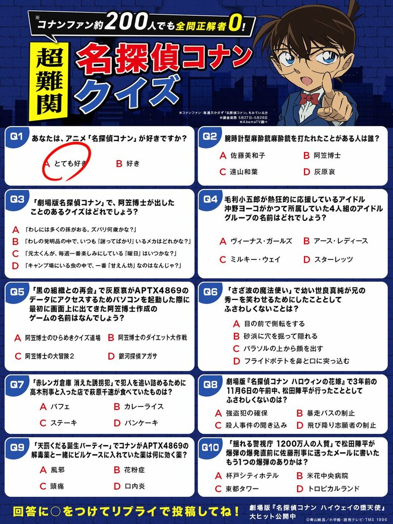 約200名柯南粉絲挑戰全對人數為0！「超難關名偵探柯南問答」公開，引發「錯誤選項品質很高」等反響