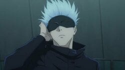The moment when Satoru Gojo, wearing an angry expression, looks down and takes off his eye mask to go all out, saying “That’s not it, baldy”—Jujutsu Kaisen