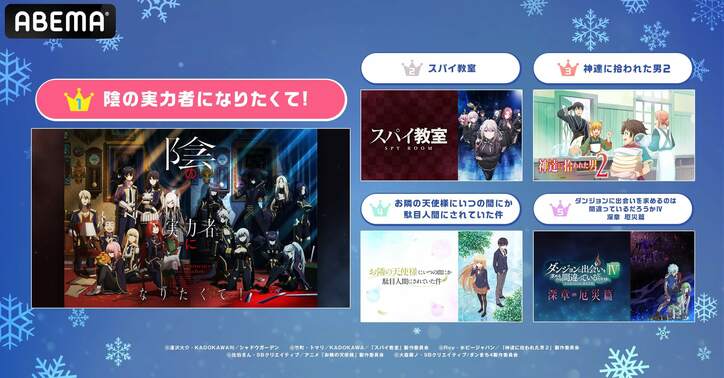 2023年冬アニメ“初速”ランキング、視聴数『陰の実力者になりたくて！』コメント数『スパイ教室』1位獲得