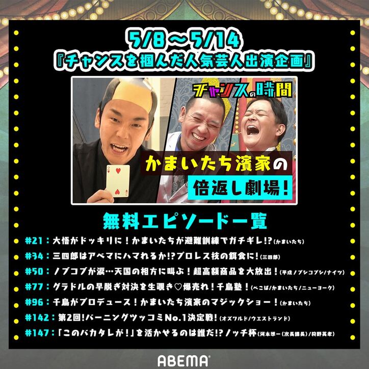 『チャンスの時間』厳選エピソード計21話を3週連続無料配信！ 番組初期の名企画やYouTube100万再生越え企画を一挙公開