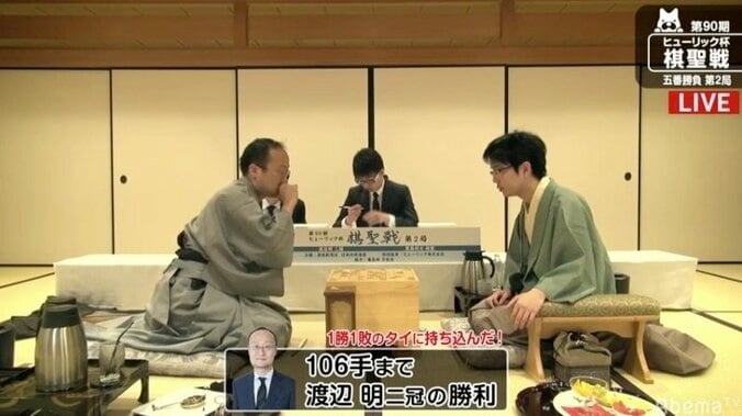 渡辺明二冠、豊島将之棋聖に勝利　1勝1敗のタイで第3局へ／将棋・棋聖戦五番勝負 1枚目