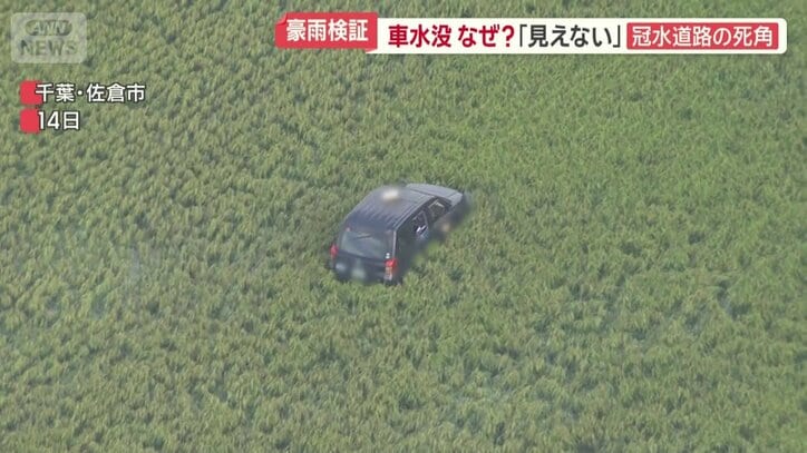 田んぼの真ん中に水没したタクシー