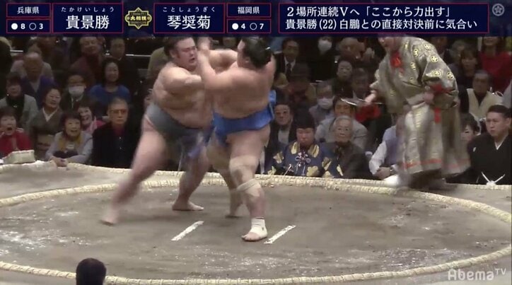 まわしなんているもんか！貴景勝“突き押し貫徹”で9勝目　明日25日に横綱・白鵬との大一番