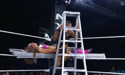 “お尻”で相手とハシゴを… セクシー美女レスラー、超強烈“ヒップボム”に会場騒然