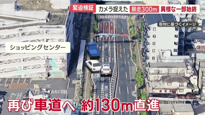 白い暴走車は再び車道に