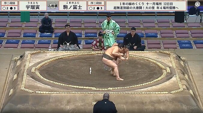 まわしに手をかけ、激しく回転を始める宇瑠寅